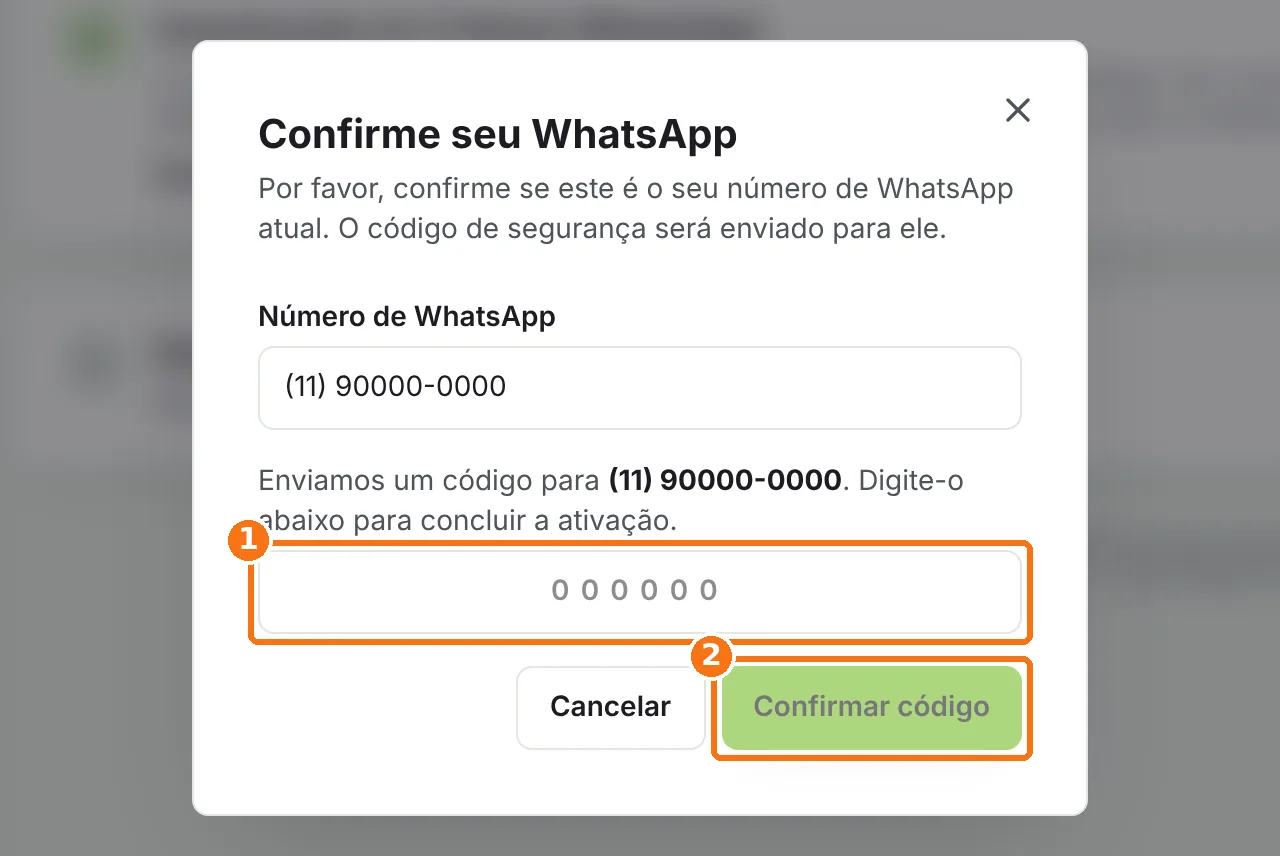Campo do código de 6 dígitos e o botão Confirmar código destacados