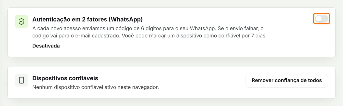 Quadro Autenticação em 2 fatores com o botão de ligar destacado