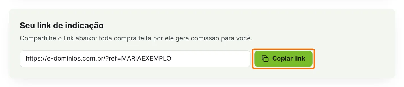Quadro Seu link de indicação com o botão Copiar link destacado