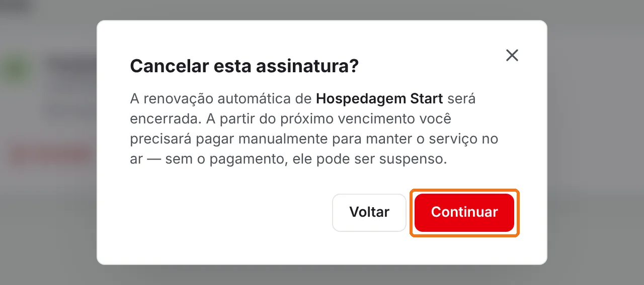 Janela Cancelar esta assinatura com o botão Continuar destacado