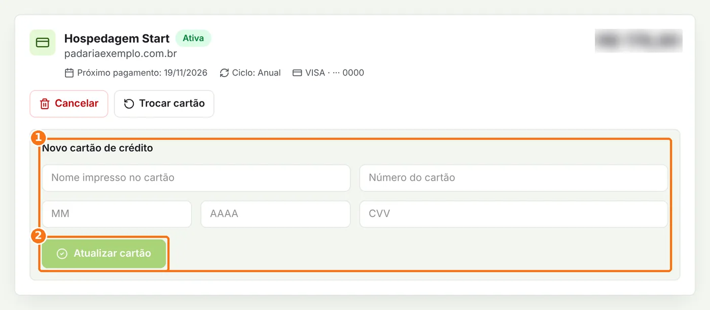 Formulário Novo cartão de crédito com o botão Atualizar cartão destacado