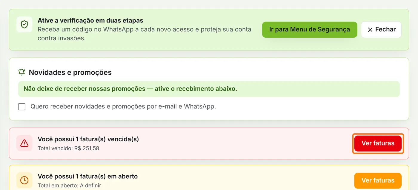 Avisos do painel com o botão Ver faturas destacado
