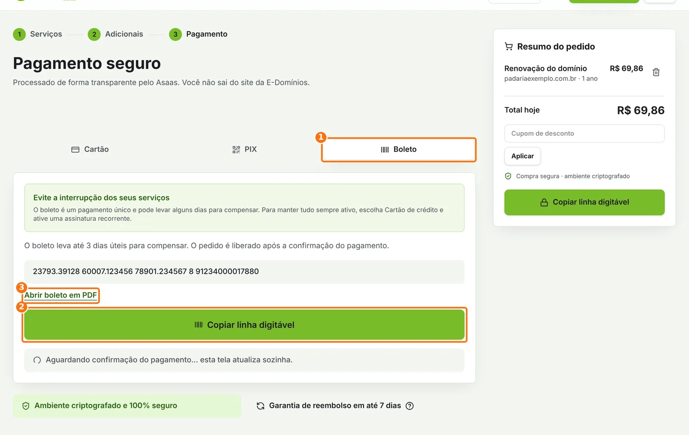 Tela de pagamento com a aba Boleto, o botão Copiar linha digitável e o link do PDF destacados