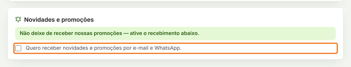 Opção de receber novidades e promoções destacada
