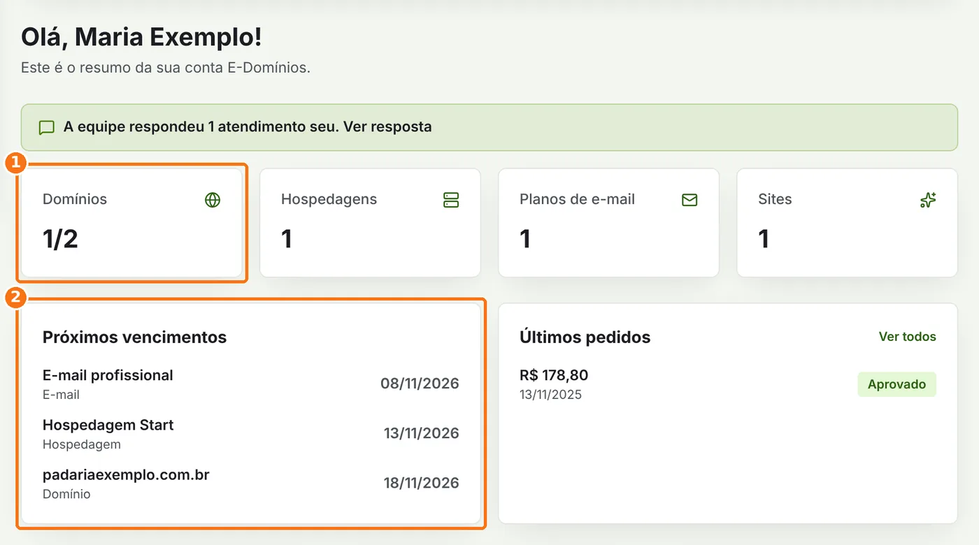 Resumo da conta com os contadores e os próximos vencimentos destacados