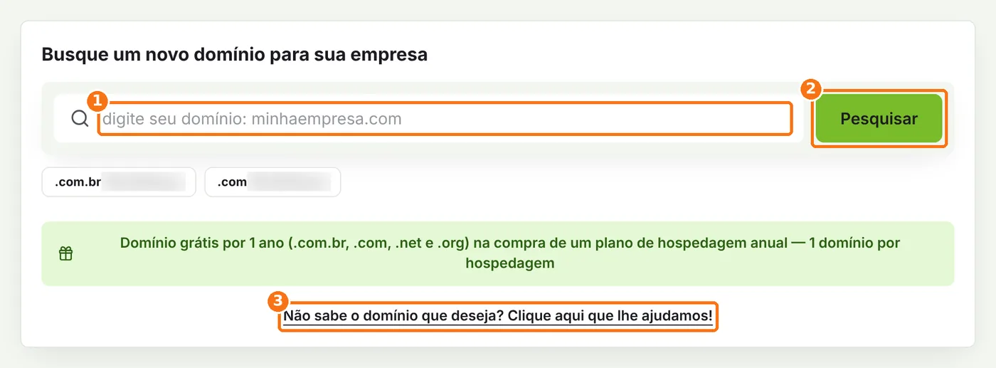 Quadro Busque um novo domínio para sua empresa no painel, com o campo de busca, o botão Pesquisar e o link de sugestões destacados