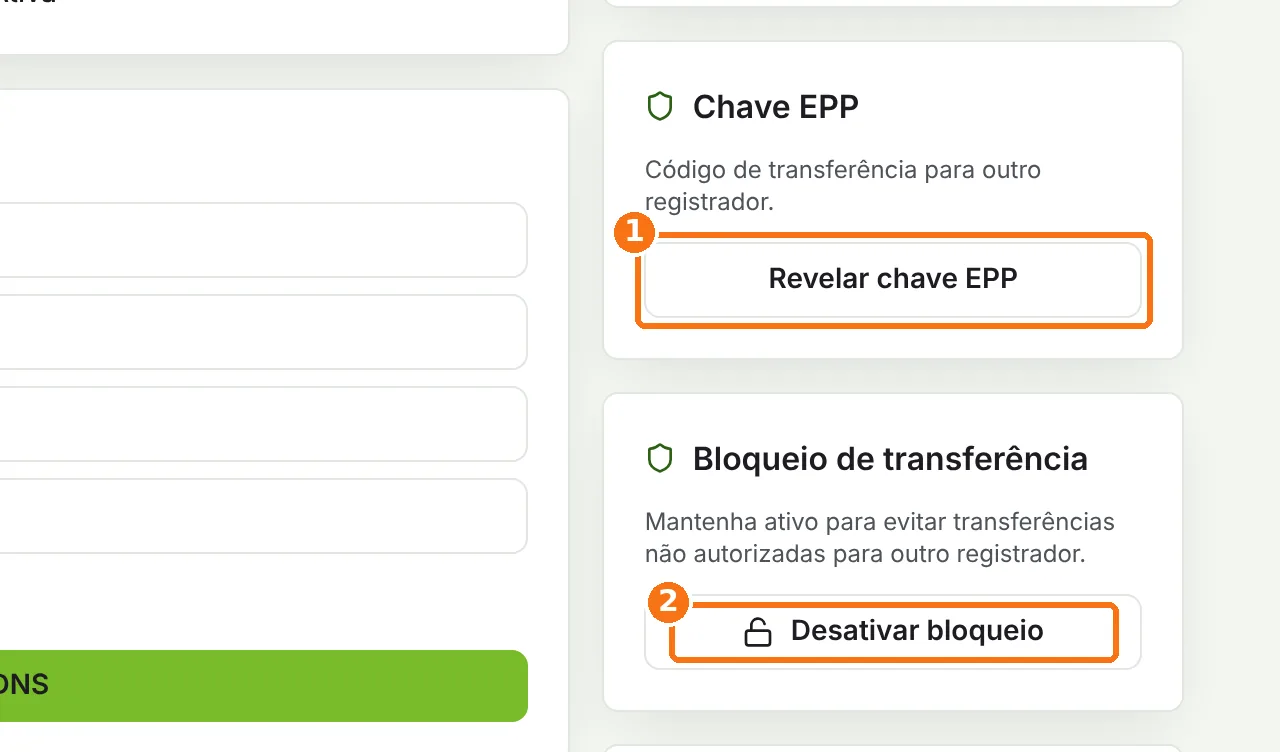 Quadros Chave EPP e Bloqueio de transferência com os botões Revelar chave EPP e Desativar bloqueio destacados