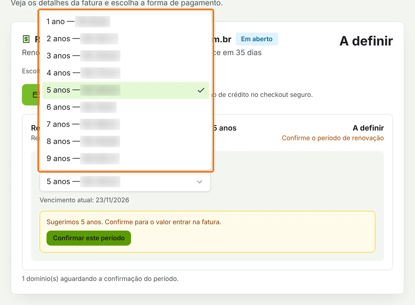 Lista de períodos de renovação aberta, de 1 a 9 anos