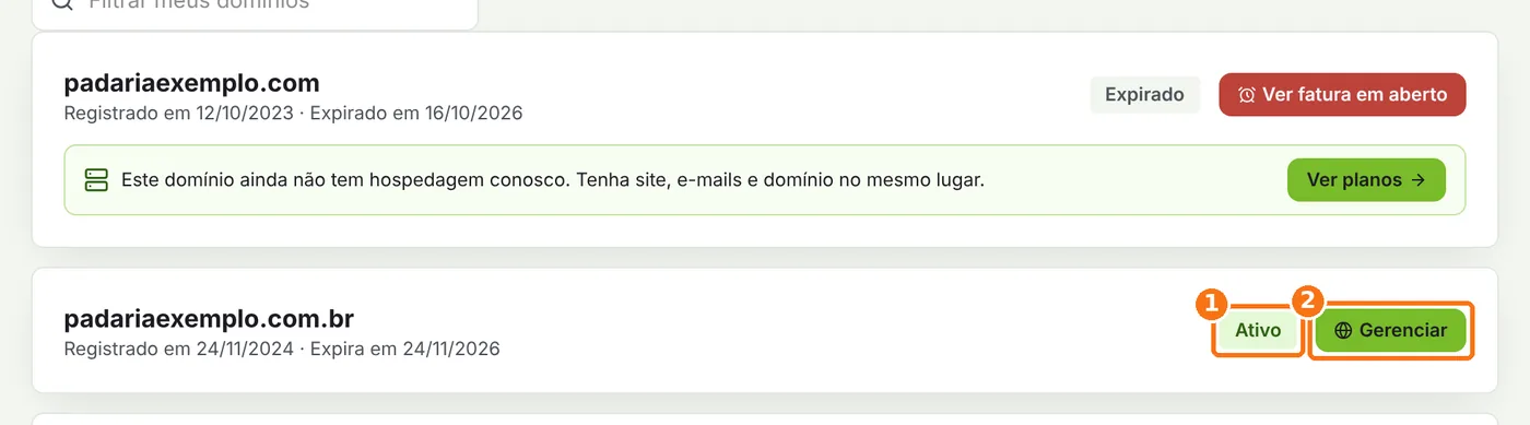 Lista de domínios do painel com a situação Ativo e o botão Gerenciar destacados
