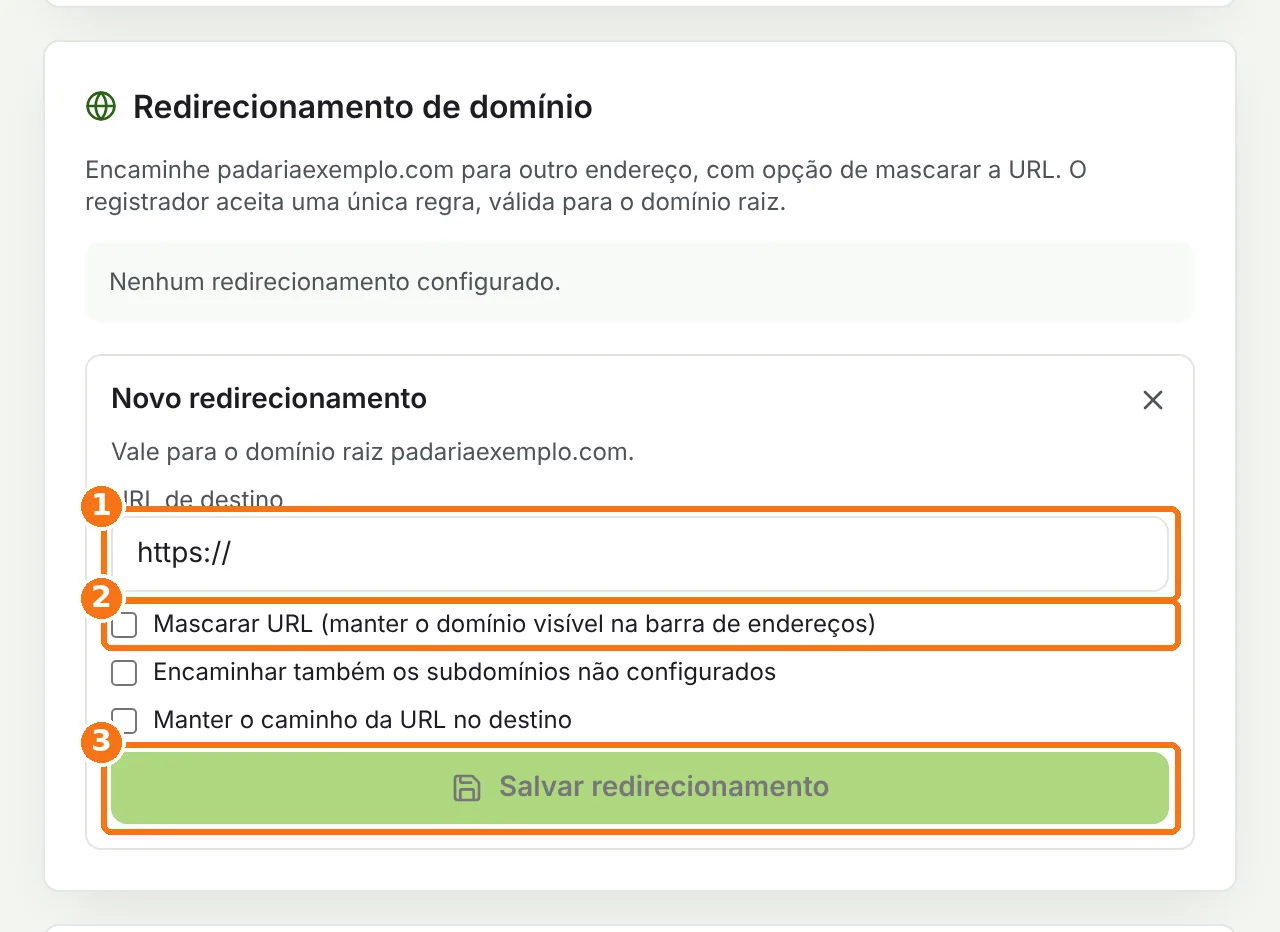 Formulário de novo redirecionamento com o campo de URL, a opção Mascarar URL e o botão Salvar destacados