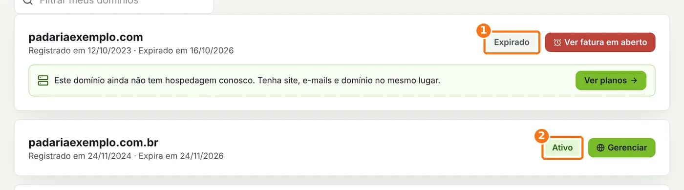 Dois domínios na lista: um com a situação Expirado e outro com a situação Ativo