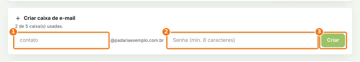 Formulário Criar caixa de e-mail com nome, senha e o botão Criar destacados