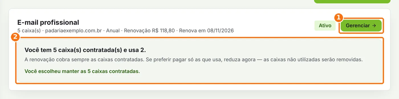 Cartão do plano de e-mail com o botão Gerenciar e o aviso de caixas contratadas destacados