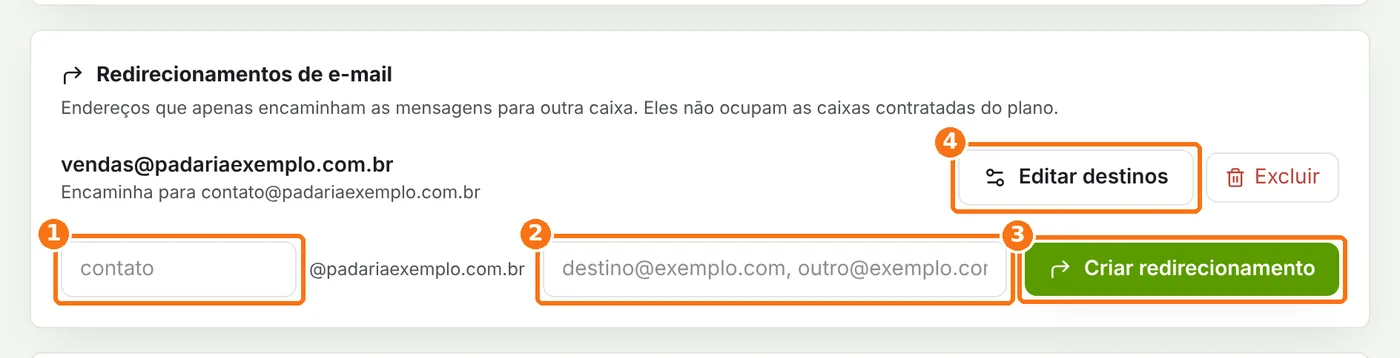 Quadro Redirecionamentos de e-mail com o endereço, os destinos e os botões Criar redirecionamento e Editar destinos destacados