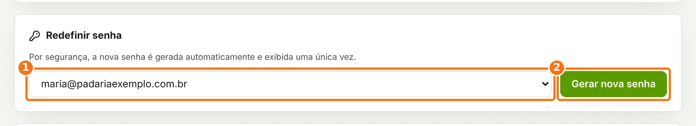 Quadro Redefinir senha com a escolha da caixa e o botão Gerar nova senha destacados
