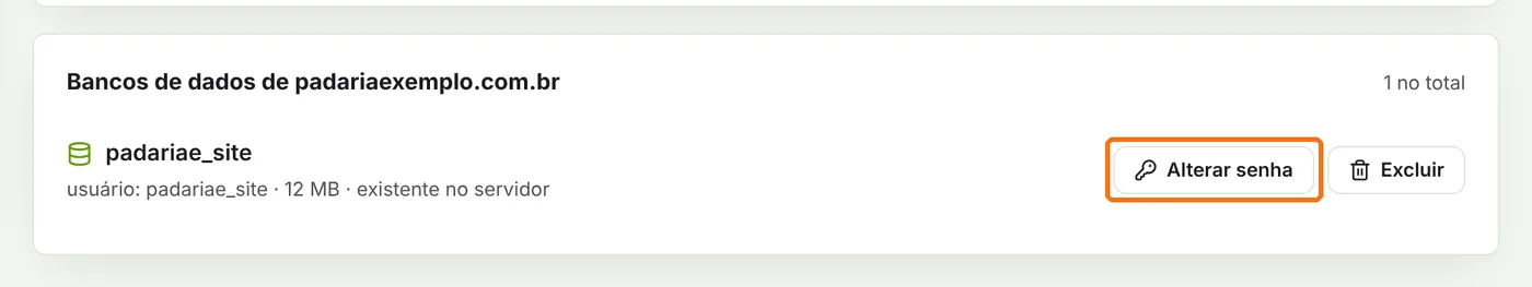 Lista de bancos de dados com o botão Alterar senha destacado