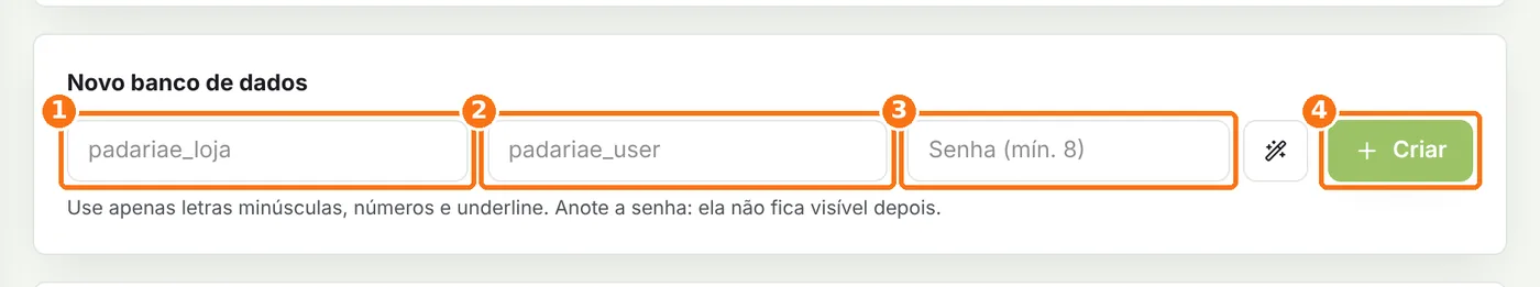 Formulário Novo banco de dados com nome, usuário, senha e o botão Criar destacados