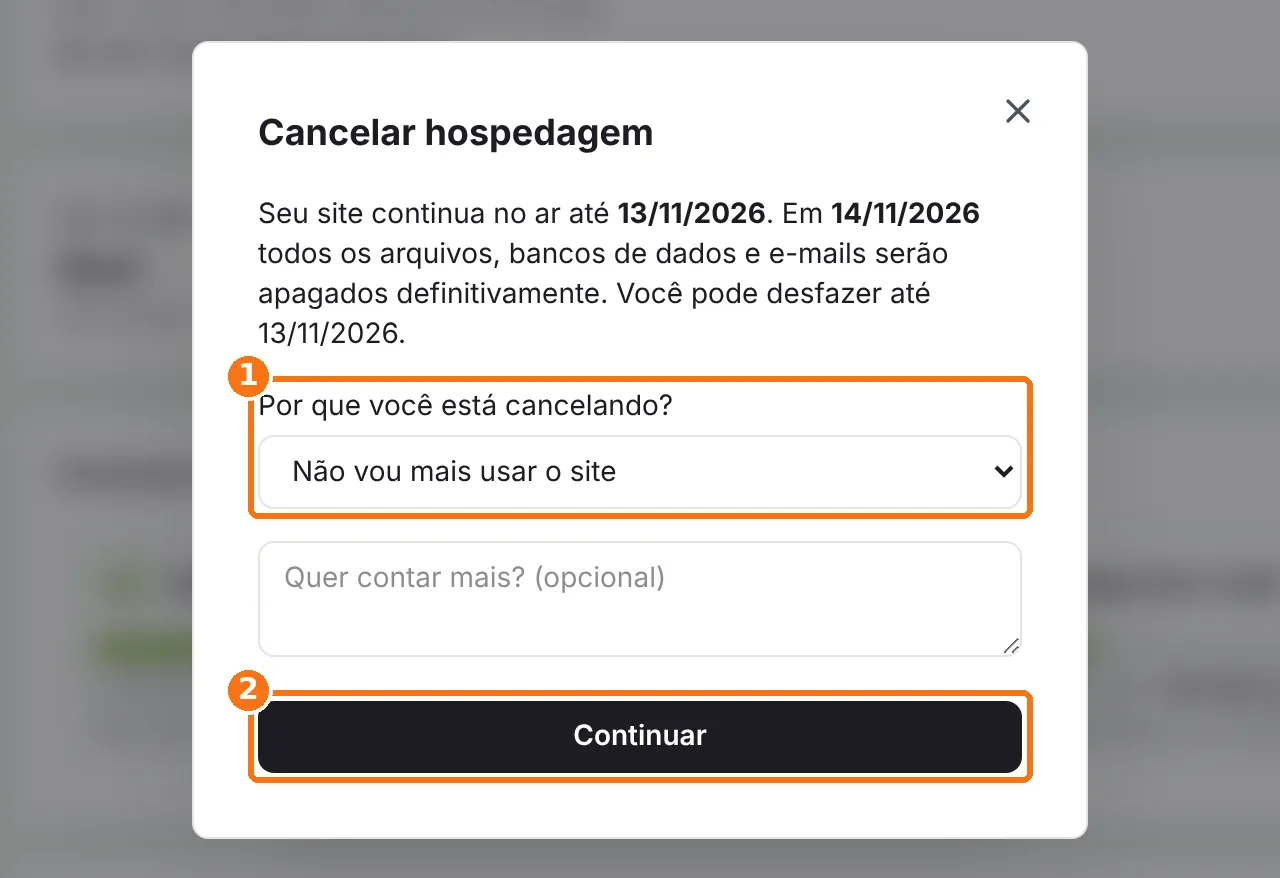 Janela Cancelar hospedagem com o motivo e o botão Continuar destacados