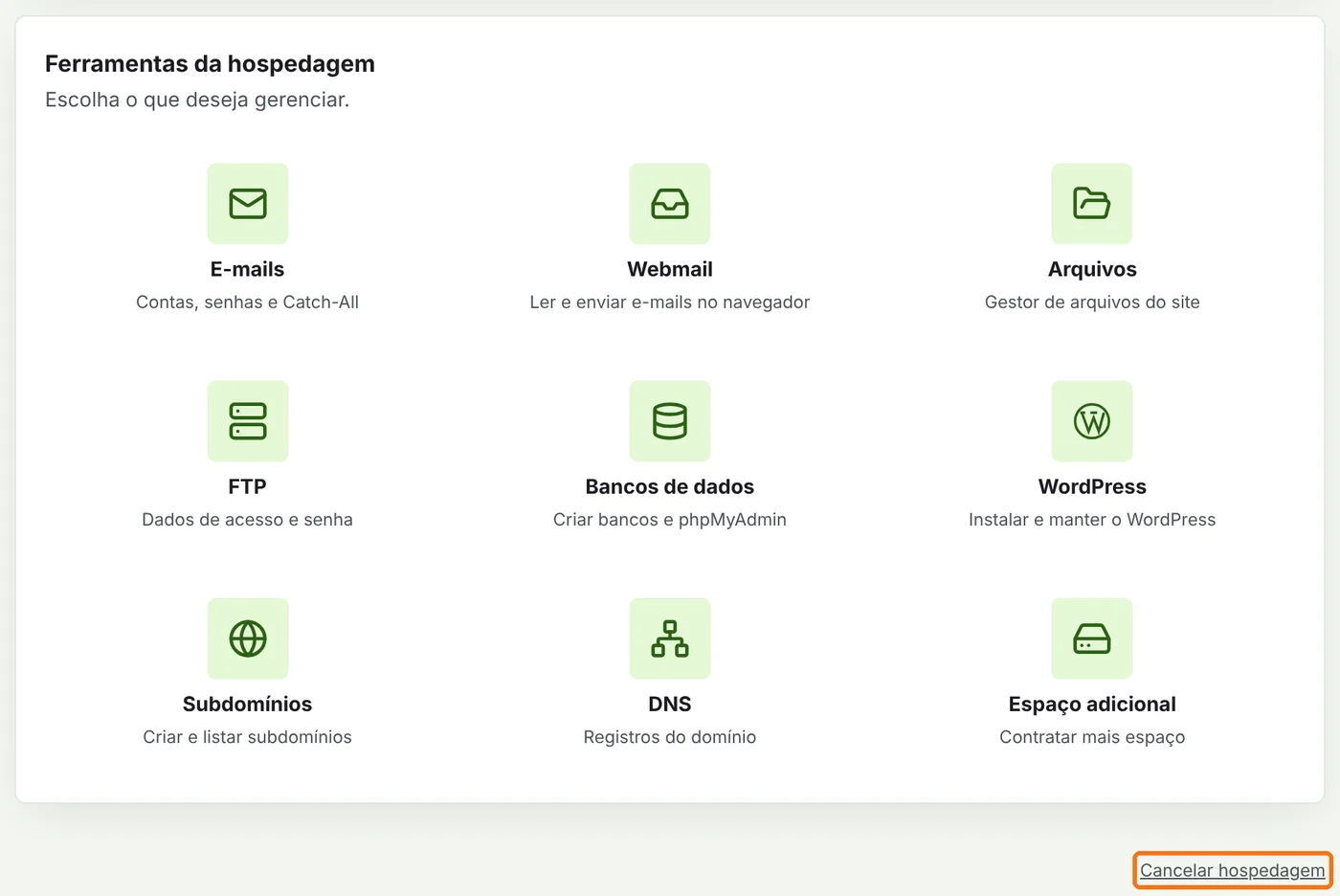 Fim da página da hospedagem com o link Cancelar hospedagem destacado