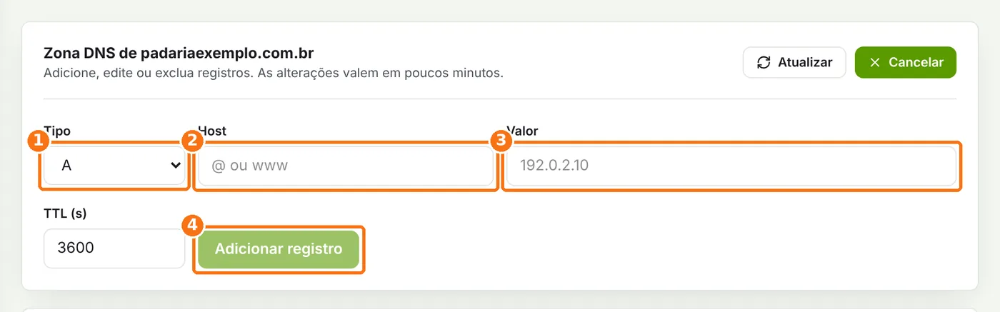 Formulário de novo registro com tipo, host, valor e o botão Adicionar registro destacados
