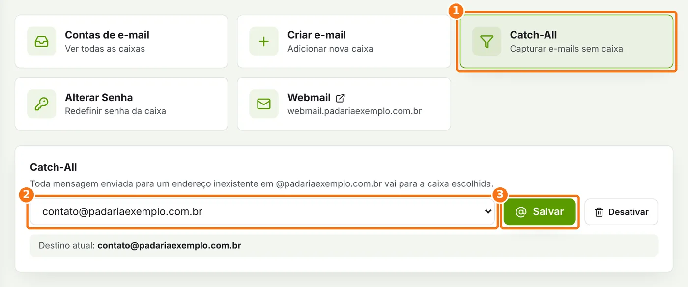 Quadro Catch-All com a escolha da caixa de destino e o botão Salvar destacados