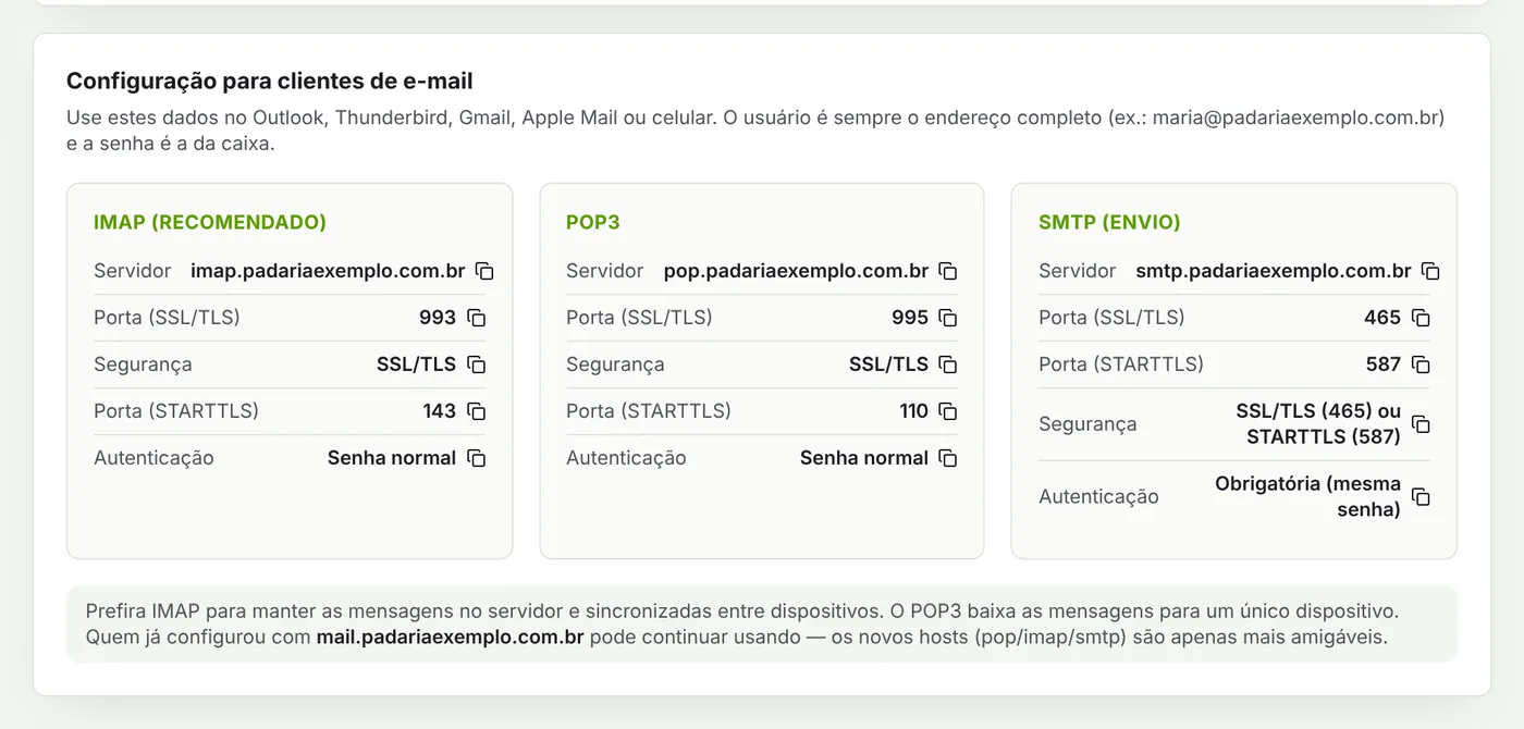 Quadro com os dados de IMAP, POP3 e SMTP