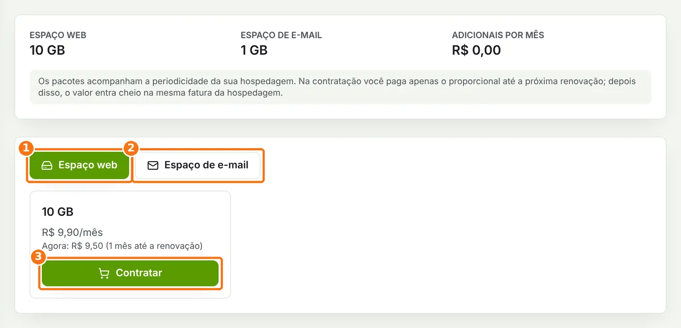 Página Espaço adicional com as abas Espaço web e Espaço de e-mail e o botão Contratar destacados