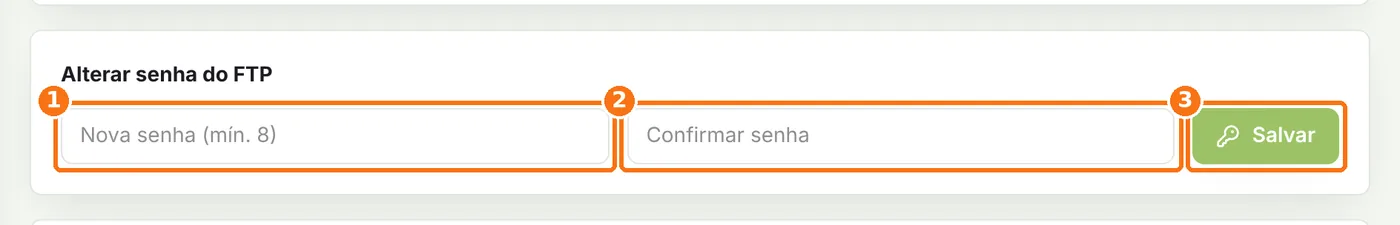 Formulário de senha do FTP com os campos e o botão Salvar destacados
