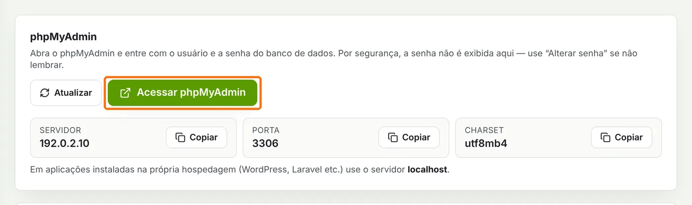 Quadro phpMyAdmin com o botão Acessar phpMyAdmin destacado