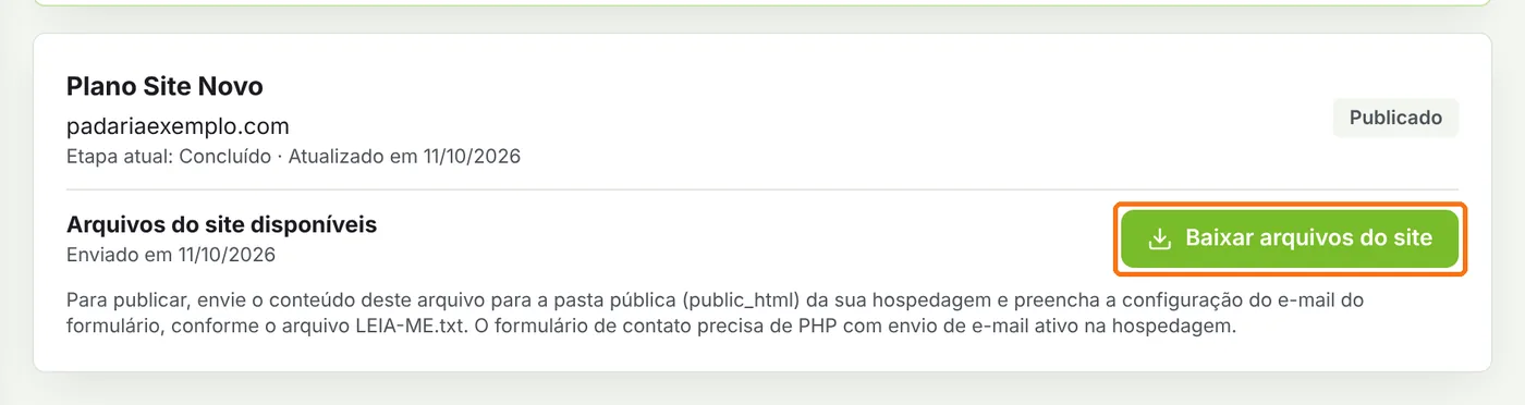 Cartão do site em Meus sites com o botão Baixar arquivos do site destacado