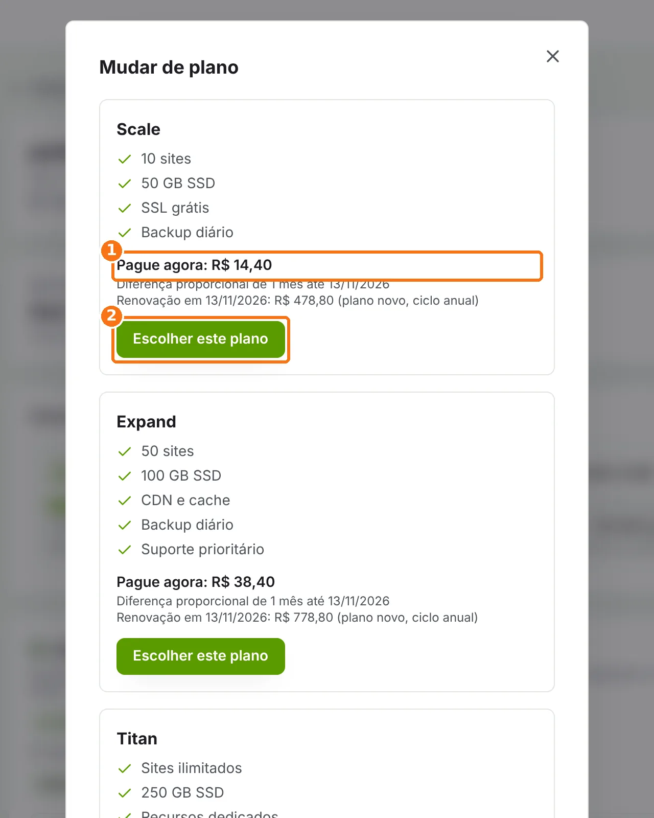 Janela Mudar de plano com o valor a pagar agora e o botão Escolher este plano destacados