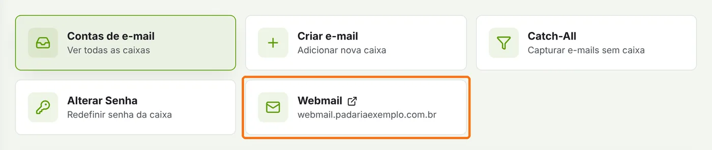 Atalho Webmail destacado na página de e-mails