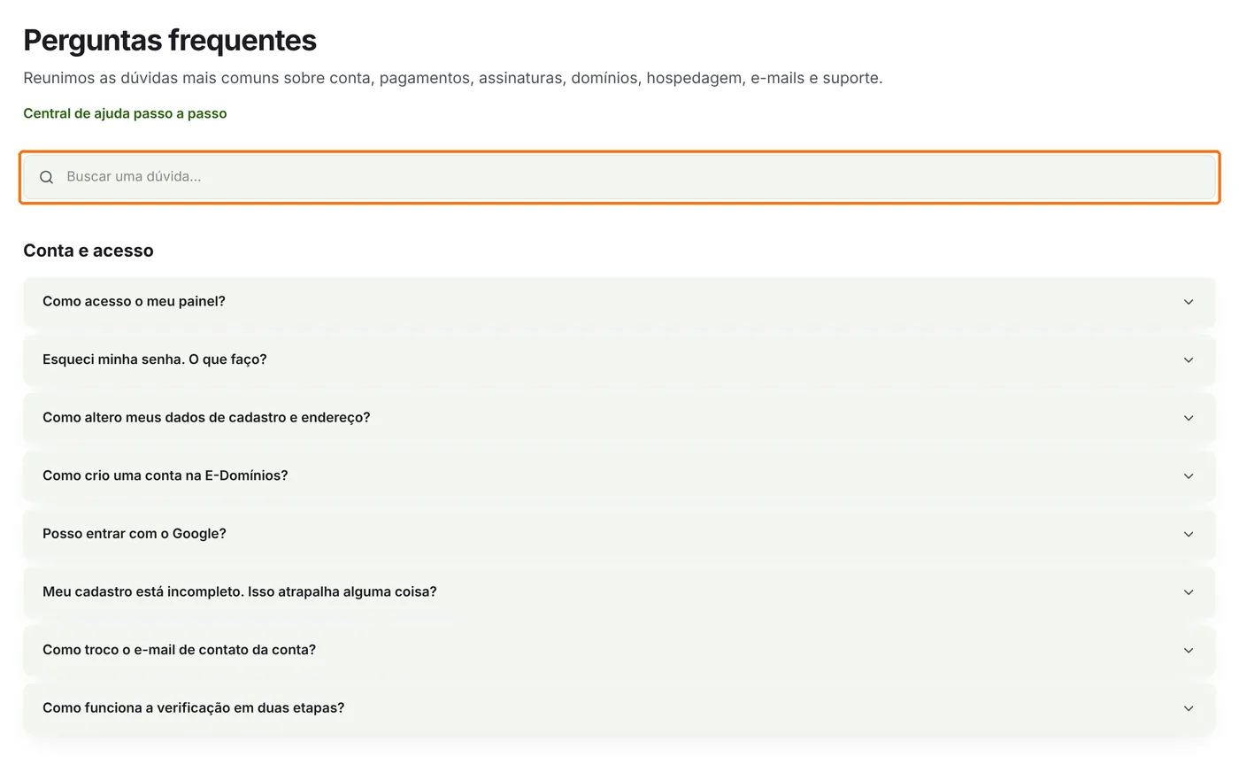 Página Perguntas frequentes com o campo de busca destacado