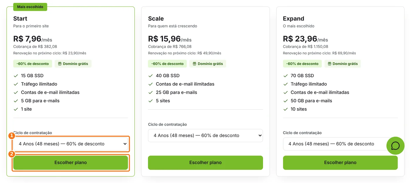 Planos de hospedagem com a escolha do ciclo e o botão Escolher plano destacados