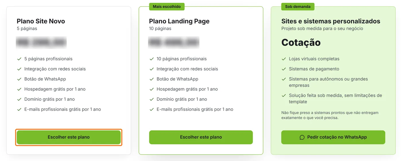 Planos do Site Pronto com o botão Escolher este plano destacado