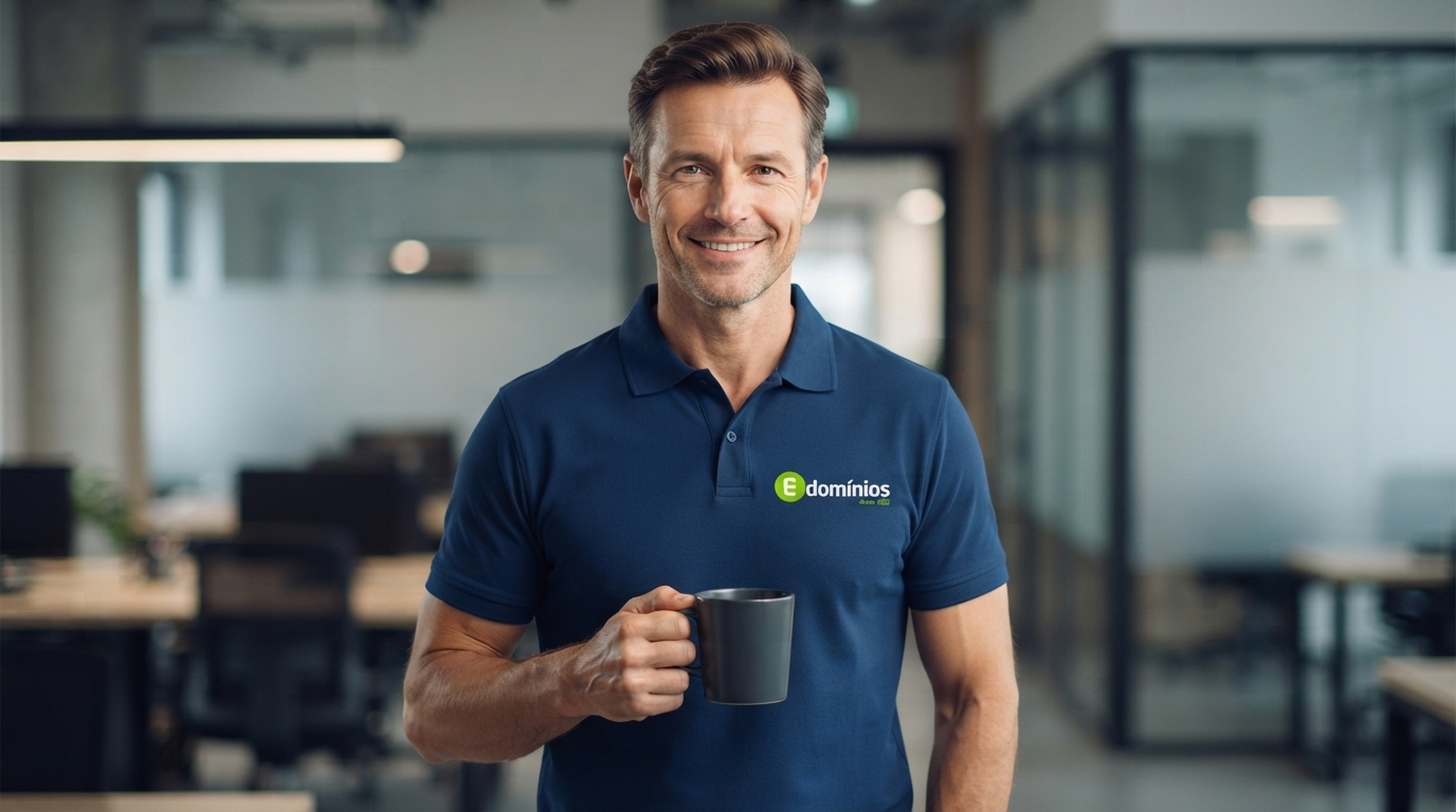 Fotografia de homem no escritório da E-Domínios, sorrindo e transmitindo confiança profissional, vestindo camisa polo com a logomarca da empresa.