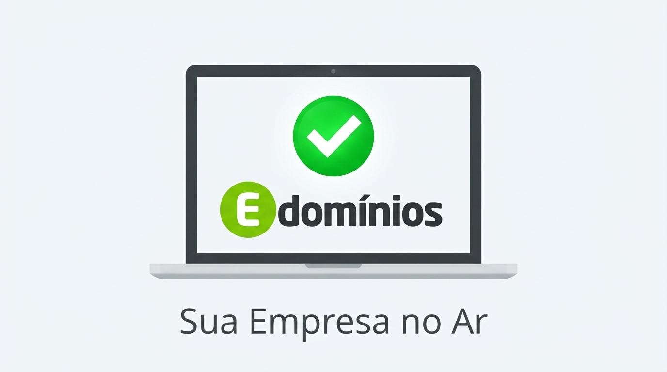 Ilustração de um notebook moderno exibindo o site de uma empresa ativo e seguro na internet, com um grande ícone de sinal verde de confirmação na tela.