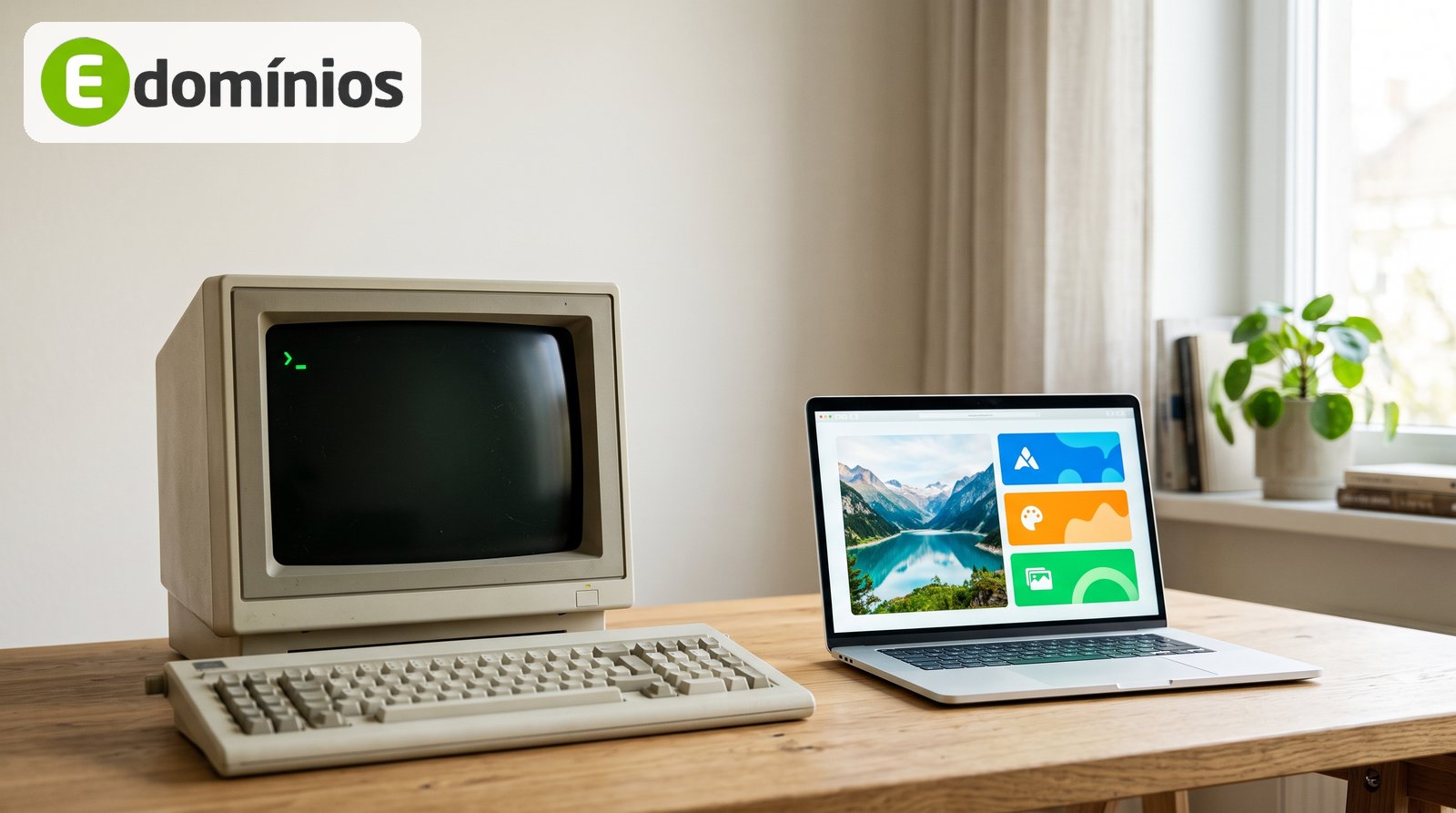Computador antigo dos anos 1980 ao lado de um notebook moderno com um site aberto, sobre uma mesa de madeira