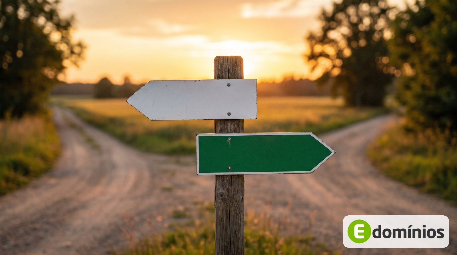 Placa de estrada com duas setas em branco apontando para lados opostos ao pôr do sol